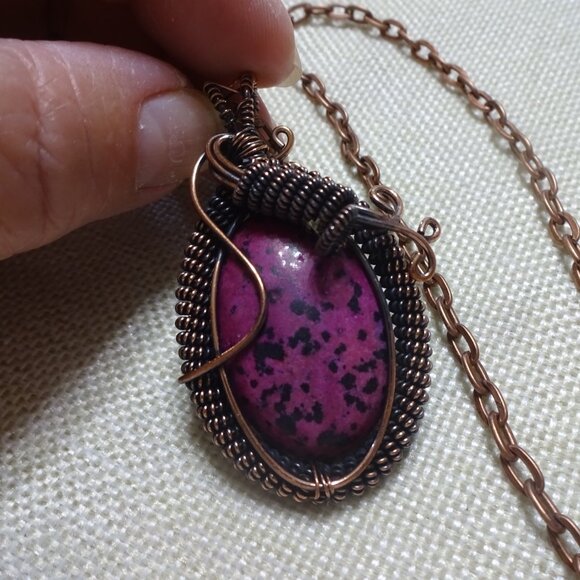 Rustic DENDRITE OPAL Handmade COPPER WIRE-WRAPPED PENDANT/Chain #992B - Picture 3 of 3